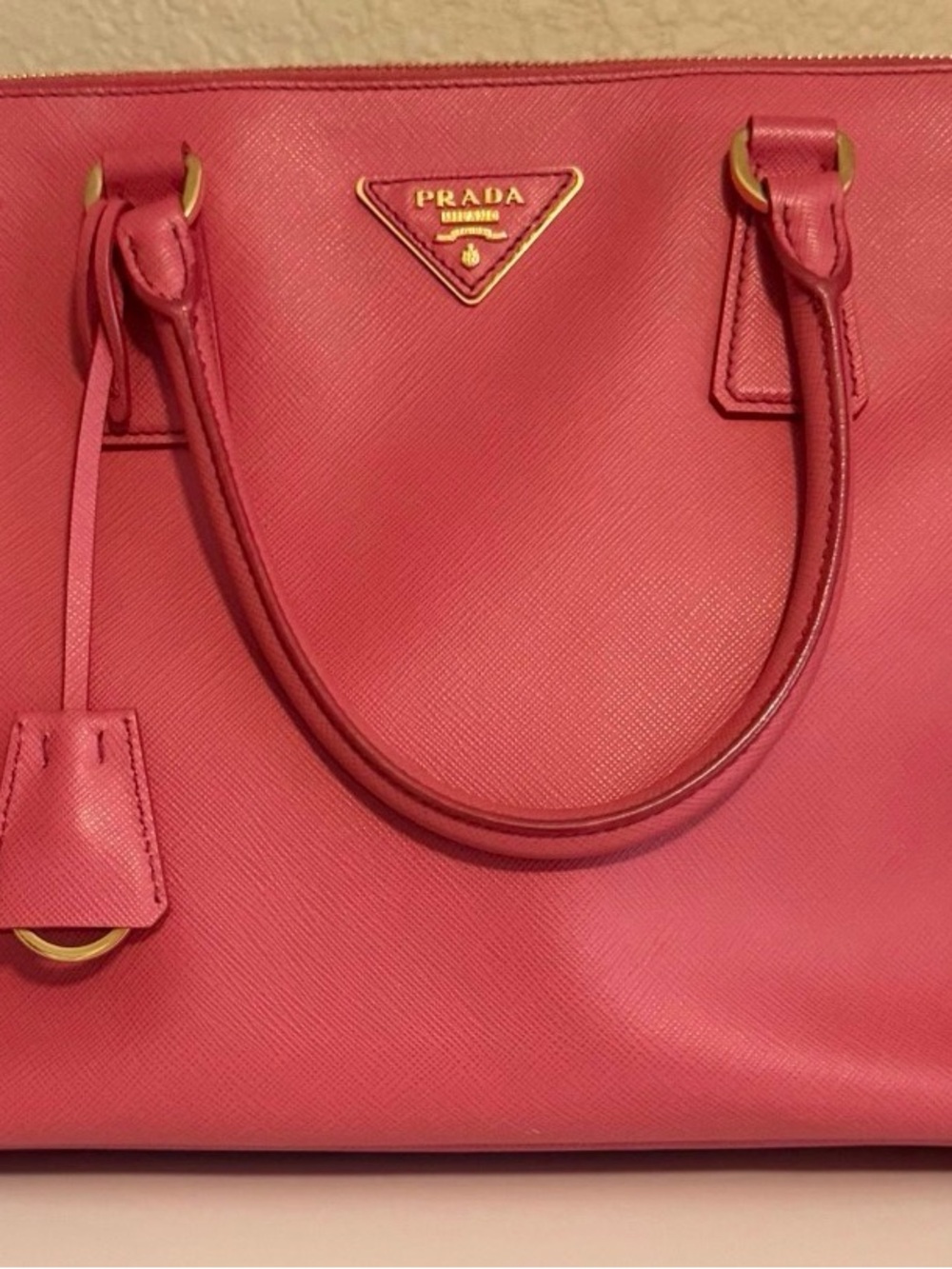 Prada Pink Saffiano Leather Satchel with Gold Hardware